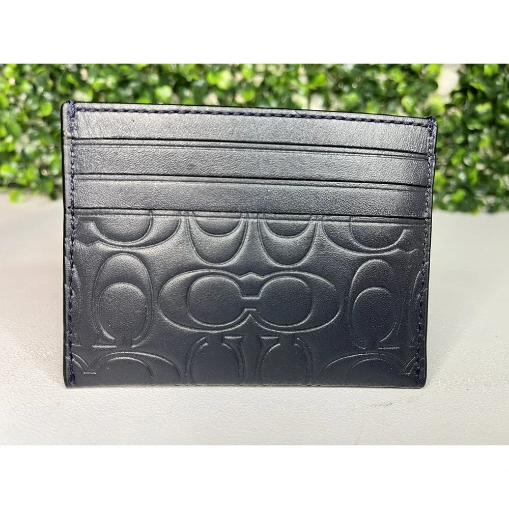 Coach Signature Embossed Logo Navy Credit Card Holder Wallet - PREOWNED